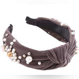 Headband Gray Beaded Luxury Faux Pearl Velvet Knotted Fashion Design NWT